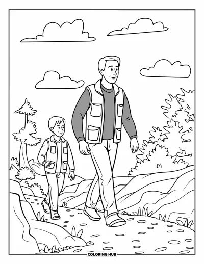 Tegning af far til børn: En far og hans teenage-søn går på en skovsti under den åbne himmel