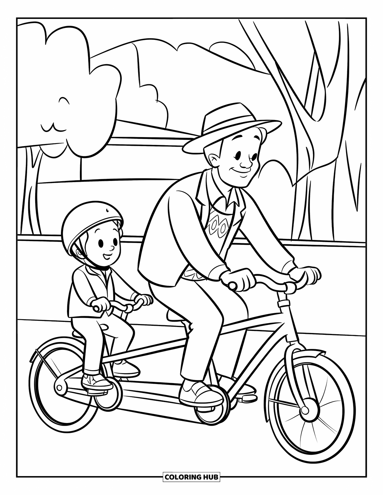 Dad Coloring Page for Kids: A dad and son ride a tandem bicycle down a peaceful path