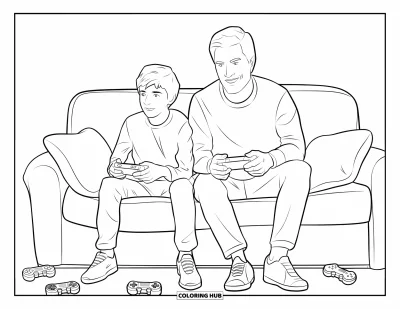 Tegning af far til børn: En far og teenage-søn griner mens de spiller videospil sammen på sofaen