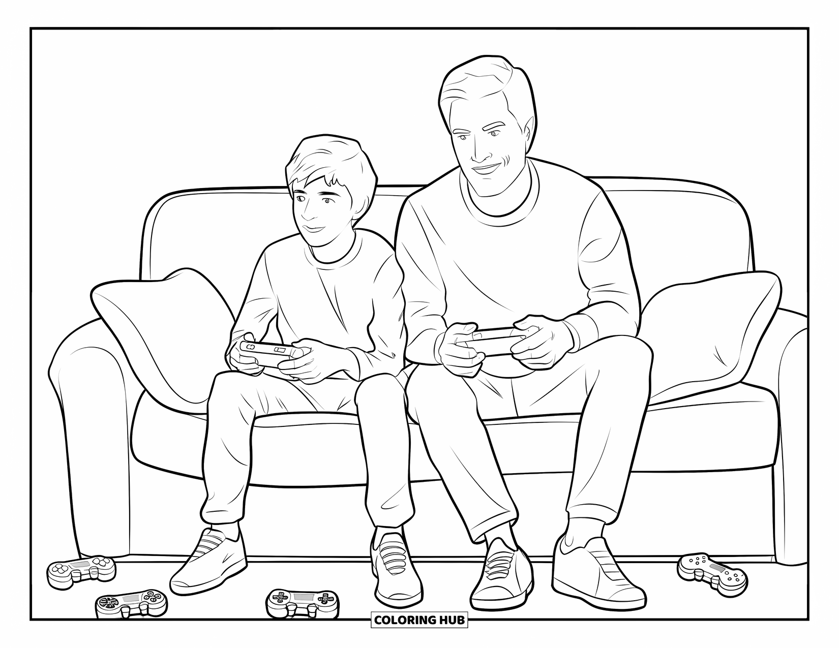 Dad Coloring Page for Kids: A dad and teen son laugh while playing video games together on the couch