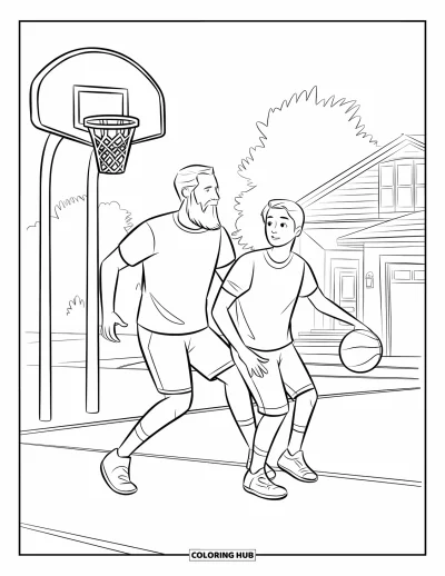 Tegning af far til børn: En far og teenage-søn spiller basketball på indkørslen sammen
