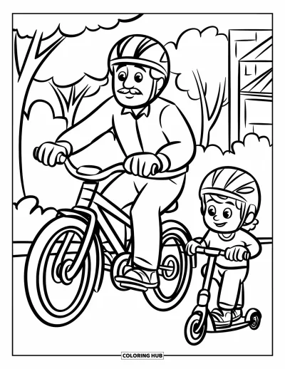 Tegning af far til børn: En far cykler glad mens hans søn følger tæt bagefter på en løbehjul