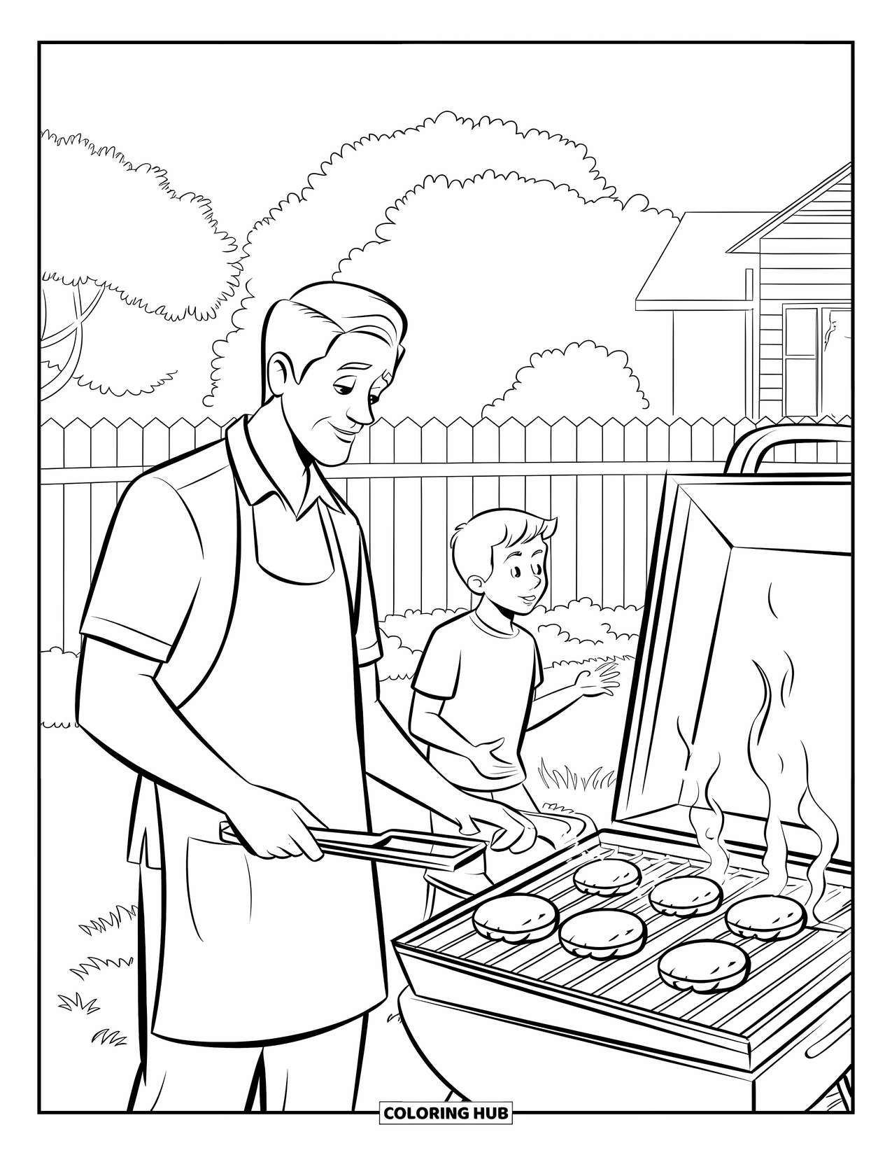 Dad Coloring Page for Kids: A dad cooks on the grill as his boy helps beside him