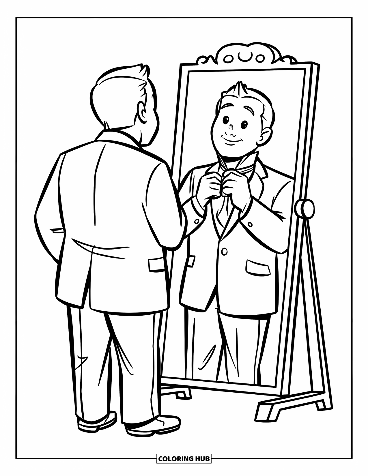 Dad Coloring Page for Kids: A dad focuses as he practices tying a tie in the mirror