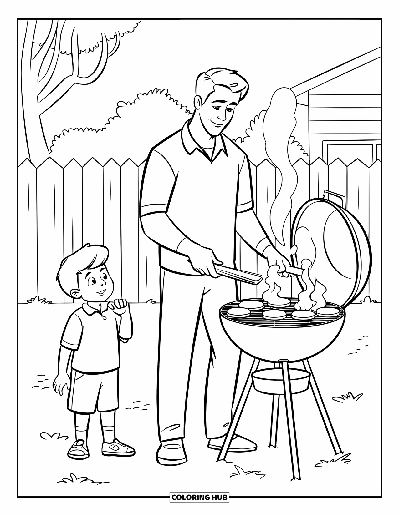 Dad Coloring Page for Kids: A dad grills burgers while his son fans away the smoke playfully
