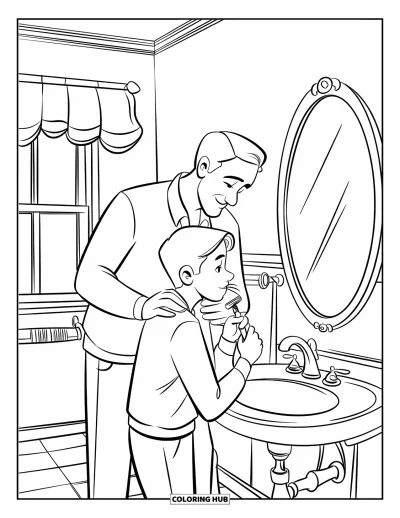 Tegning af far til børn: En far guider sin teenage-søn gennem hans første barbering
