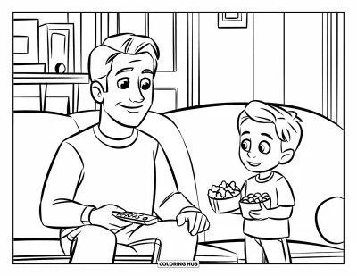 Tegning af far til børn: En far hviler på sofaen mens hans søn bringer snacks og smiler