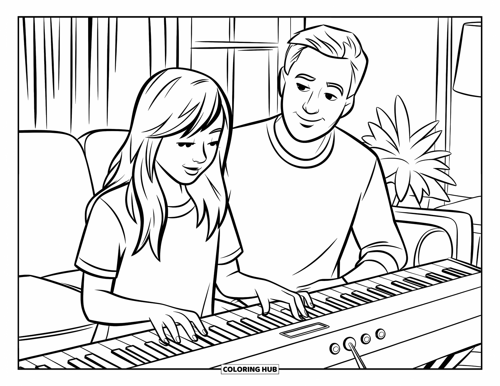 Dad Coloring Page for Kids: A dad smiles proudly as his daughter plays the keyboard at home