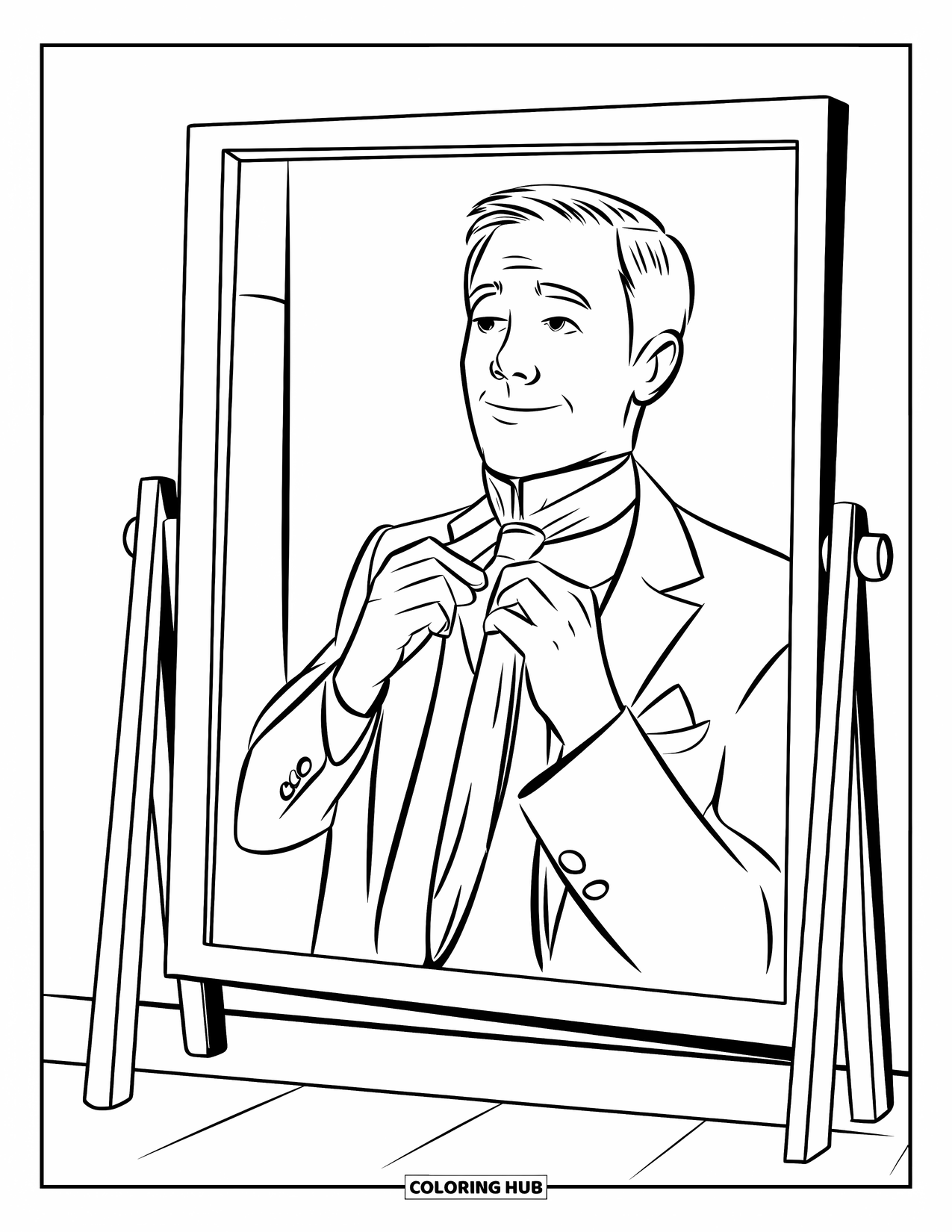 Dad Coloring Page for Kids: A dad stands before a mirror tying his necktie neatly