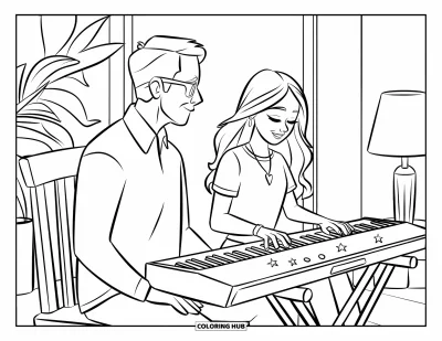 Tegning af far til børn: En far ser glad til mens hans datter spiller keyboard