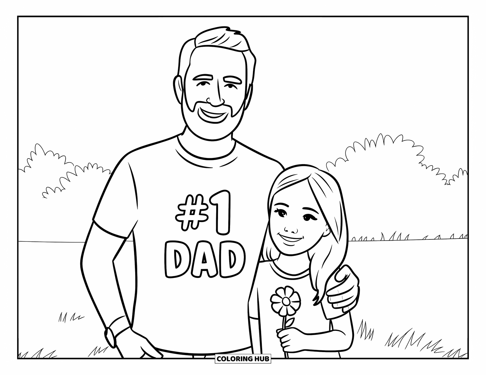 Dad Coloring Page for Kids: A dad wearing a ì#1 Dadî shirt smiles beside his happy daughter