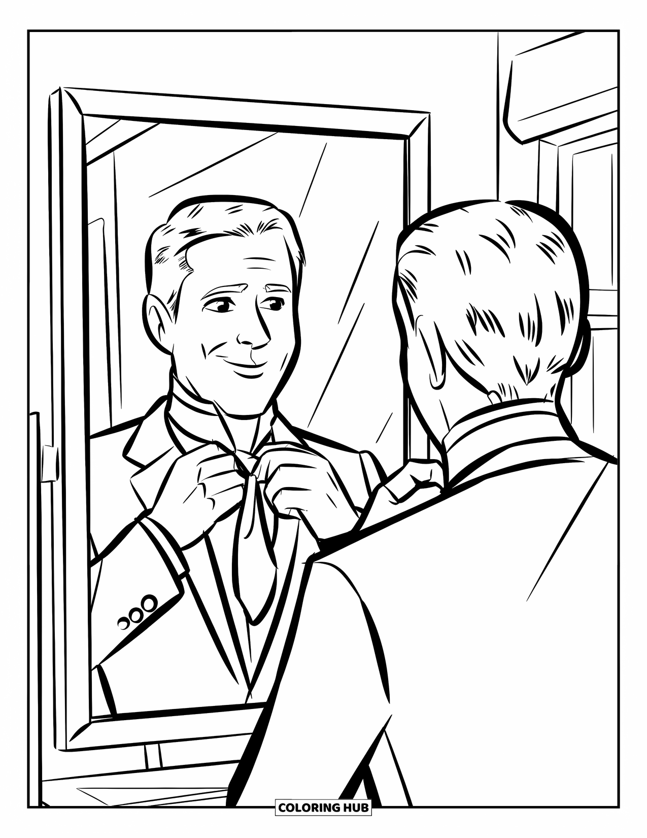 Dad Coloring Page for Kids: A father adjusts his tie in front of a mirror before his day