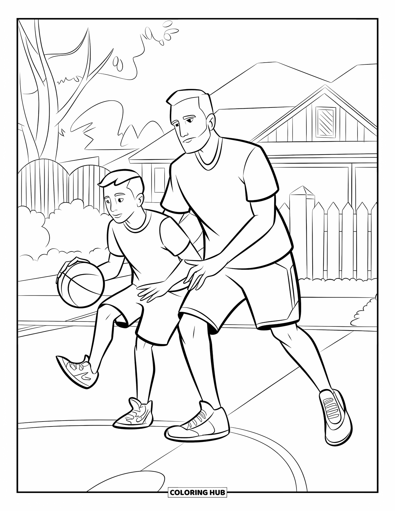 Dad Coloring Page for Kids: A father and son enjoy a fun basketball game outside their home