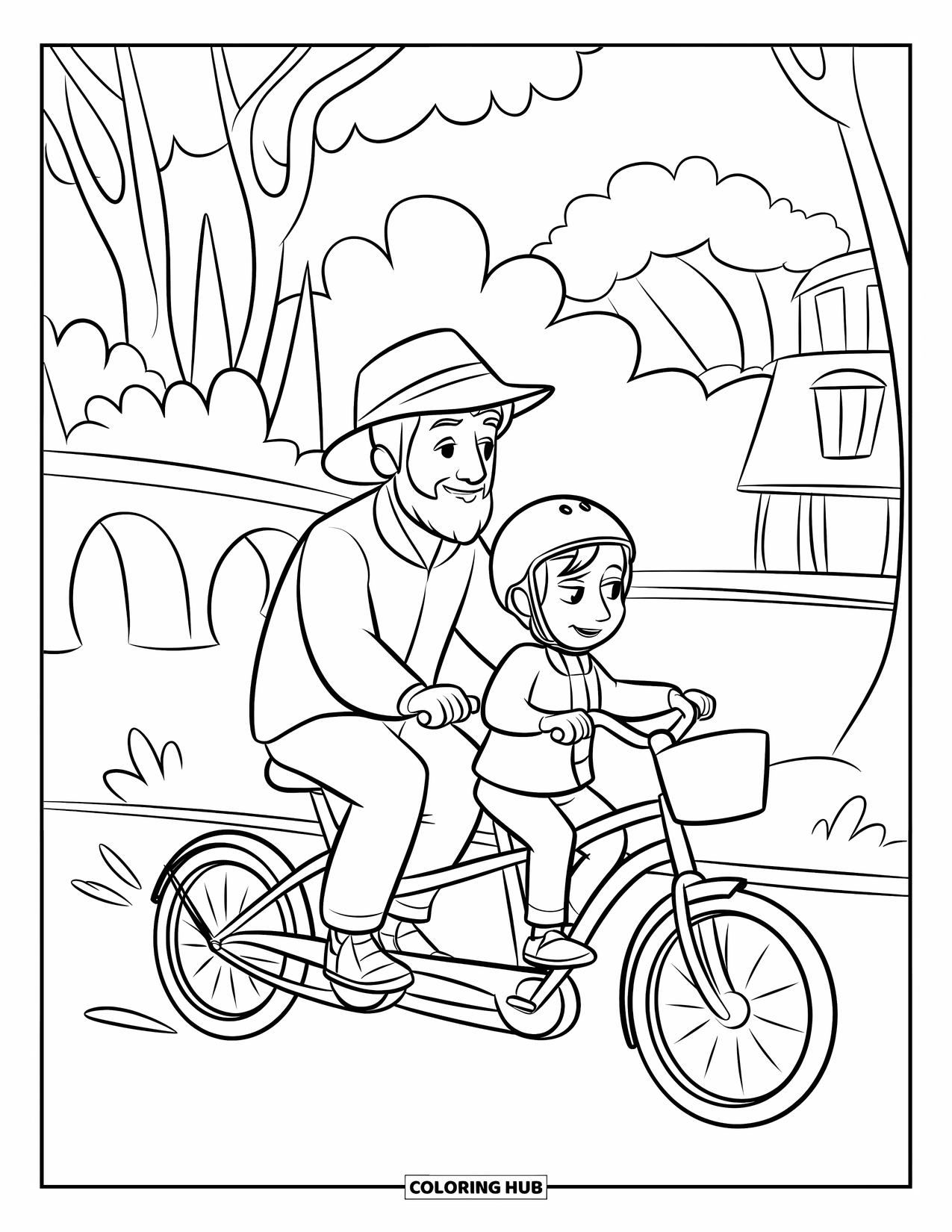 Dad Coloring Page for Kids: A father and son enjoy biking together through a scenic area