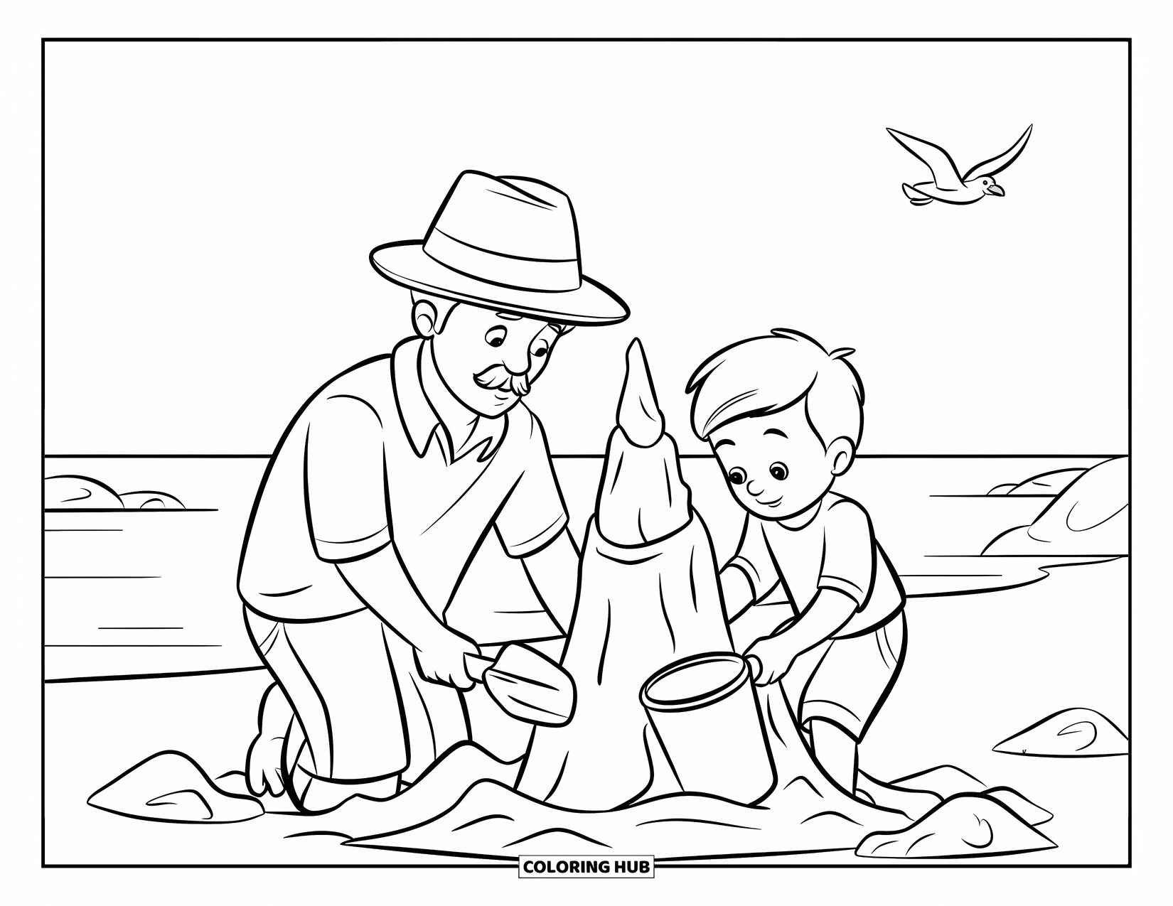 Dad Coloring Page for Kids: A father and son laugh while shaping a sandcastle at the beach
