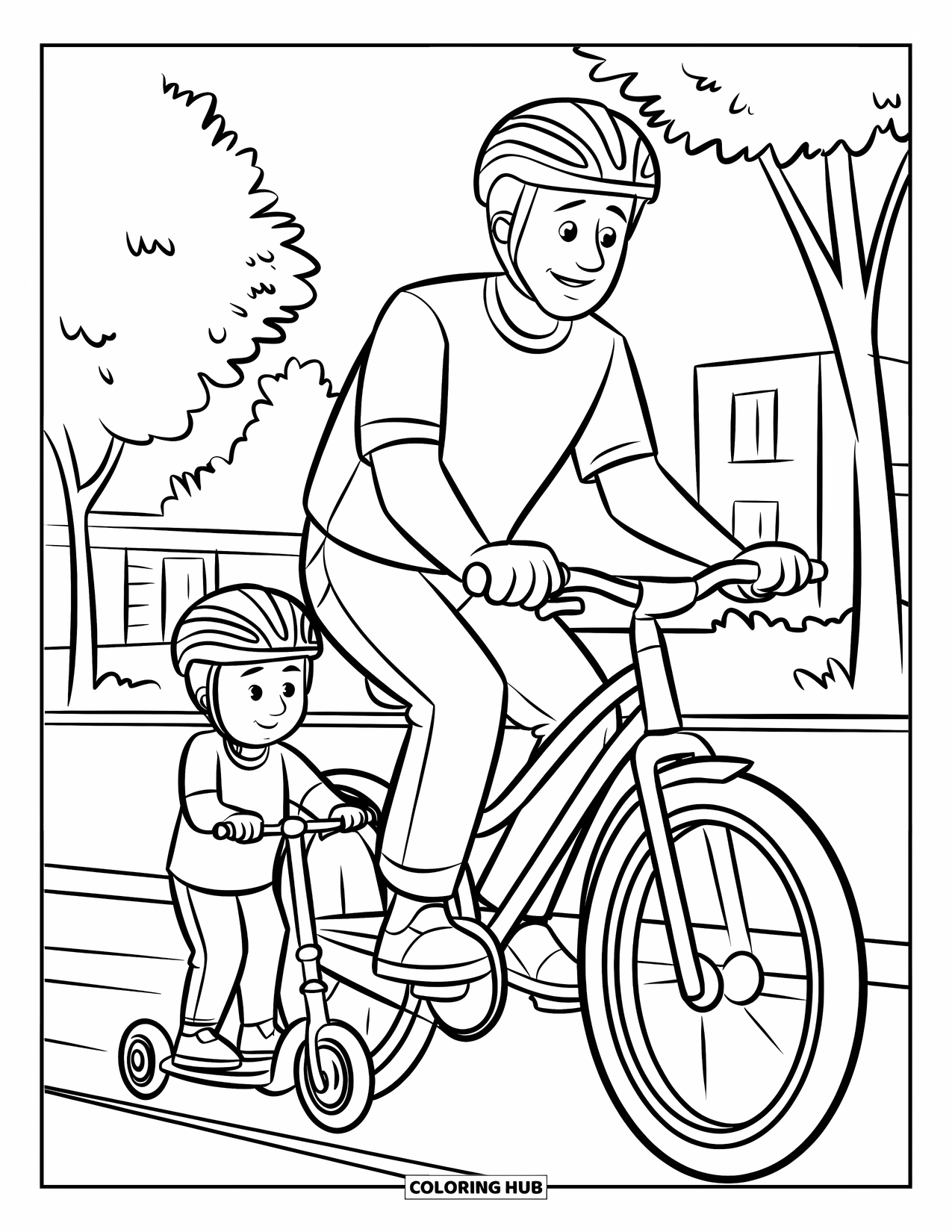 Dad Coloring Page for Kids: A father and son ride side by side through a peaceful neighborhood