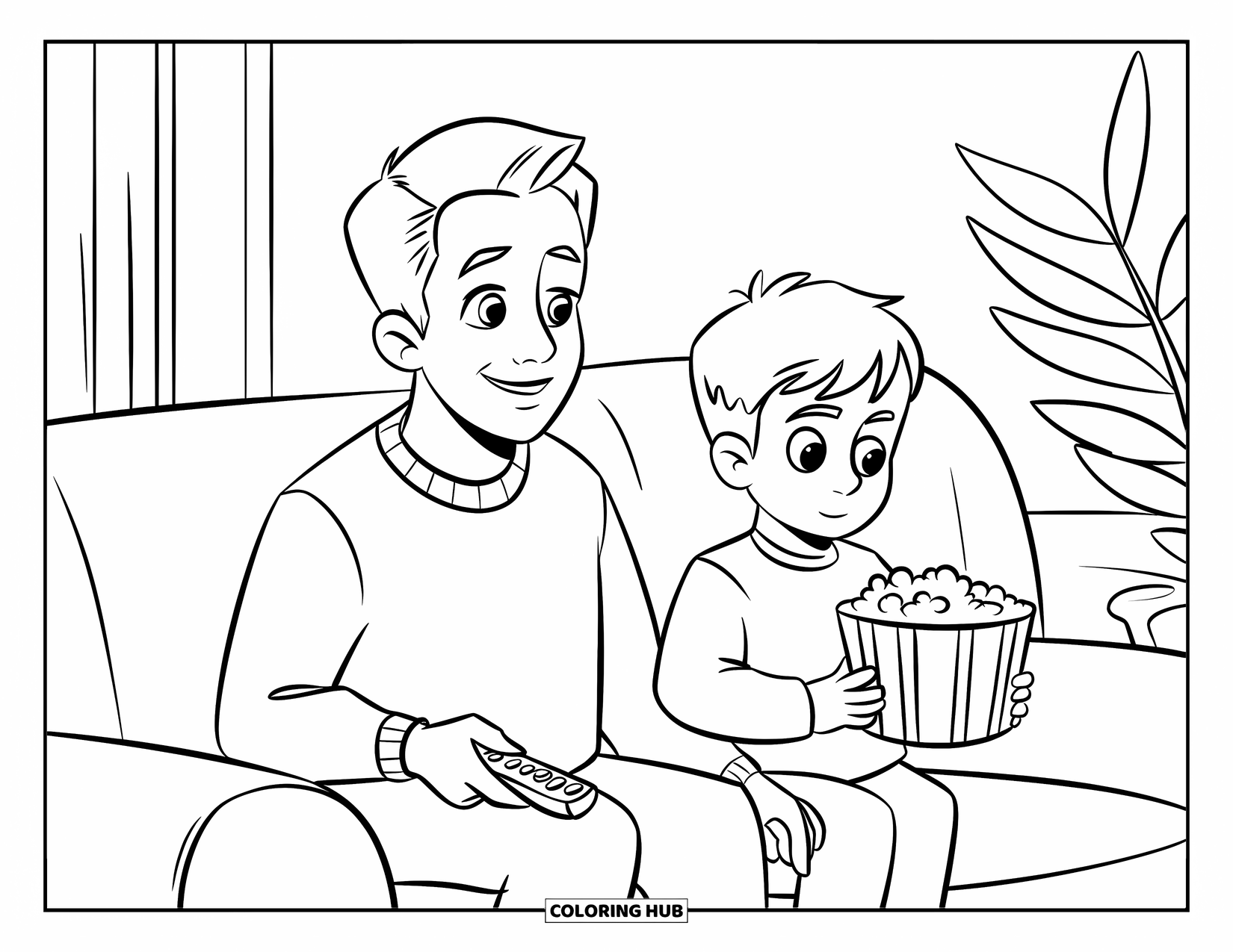 Dad Coloring Page for Kids: A father and son watch TV together in their cozy living room