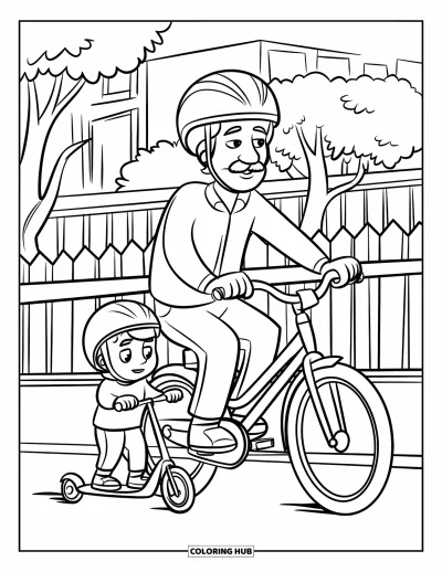 Tegning af far til børn: En far cykler mens hans søn følger med på en løbehjul i nærheden