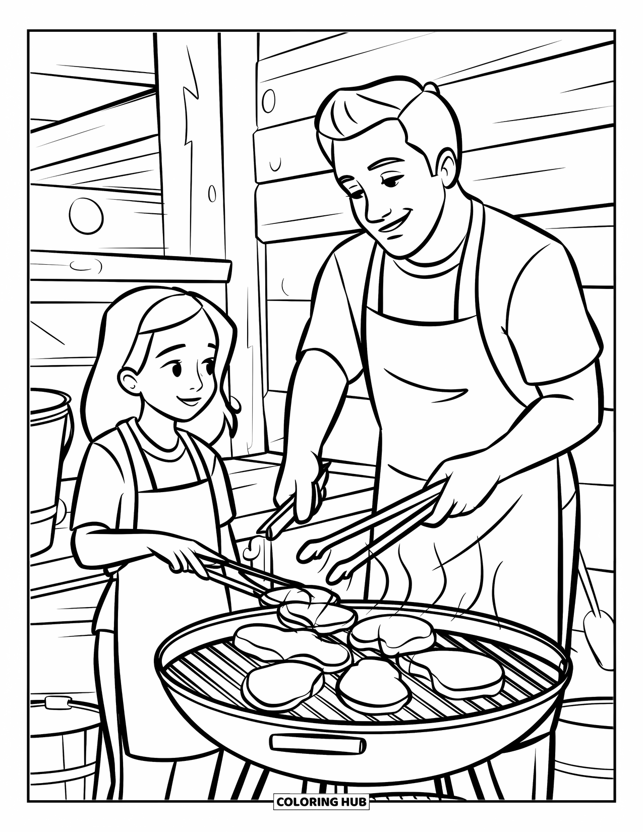 Dad Coloring Page for Kids: A father teaches his little girl how to barbecue by the patio