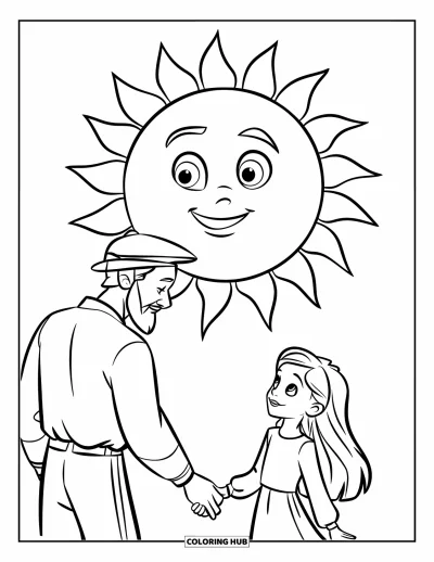 Tegning af far til børn: En far går hånd i hånd med sin lille pige i solen