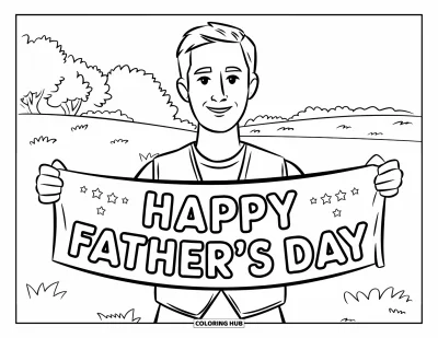 Tegning af far til børn: En glad far holder et banner med teksten "Happy Father's Day"