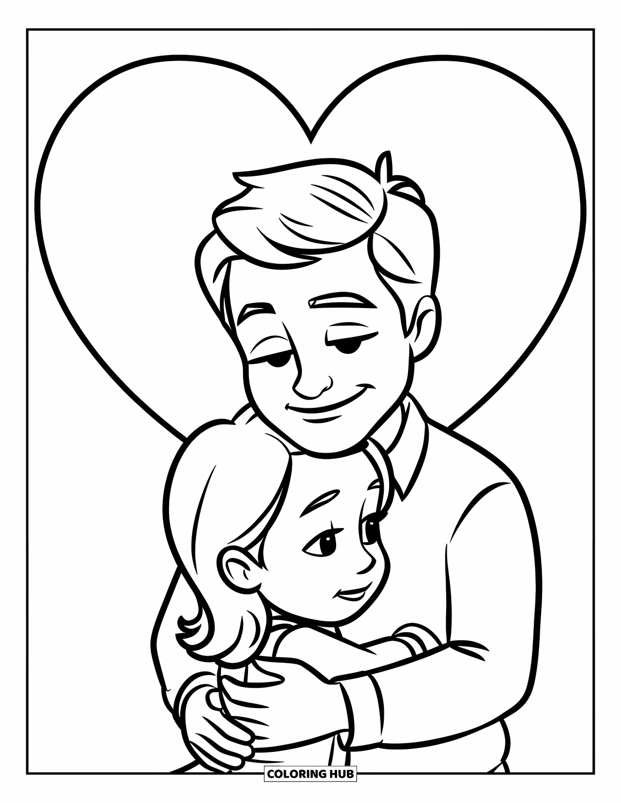 Dad Coloring Page for Kids: A loving father hugs his daughter surrounded by soft, happy hearts