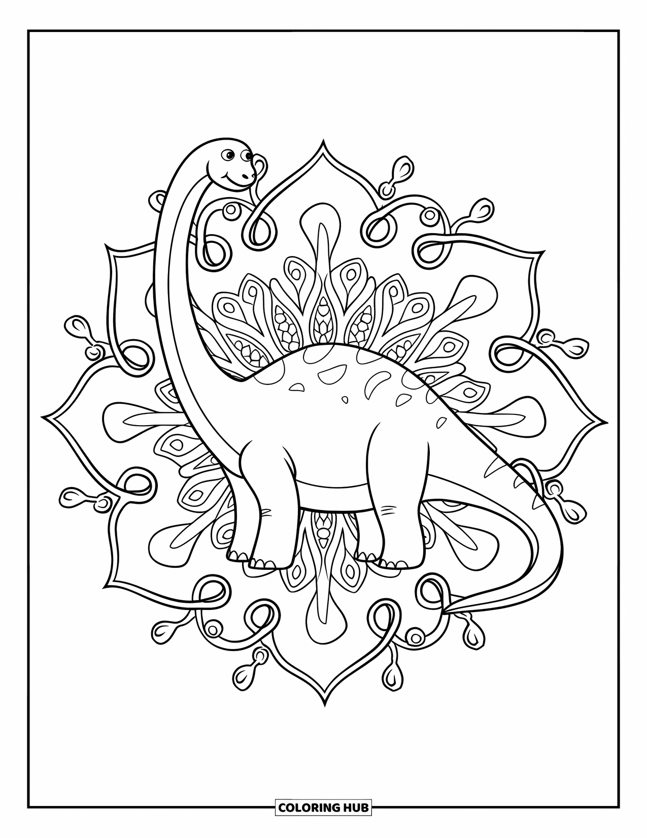 Dinosaur Valentines Coloring Page for Adults: A calm Brachiosaurus centered in a swirling mandala of vines and hearts