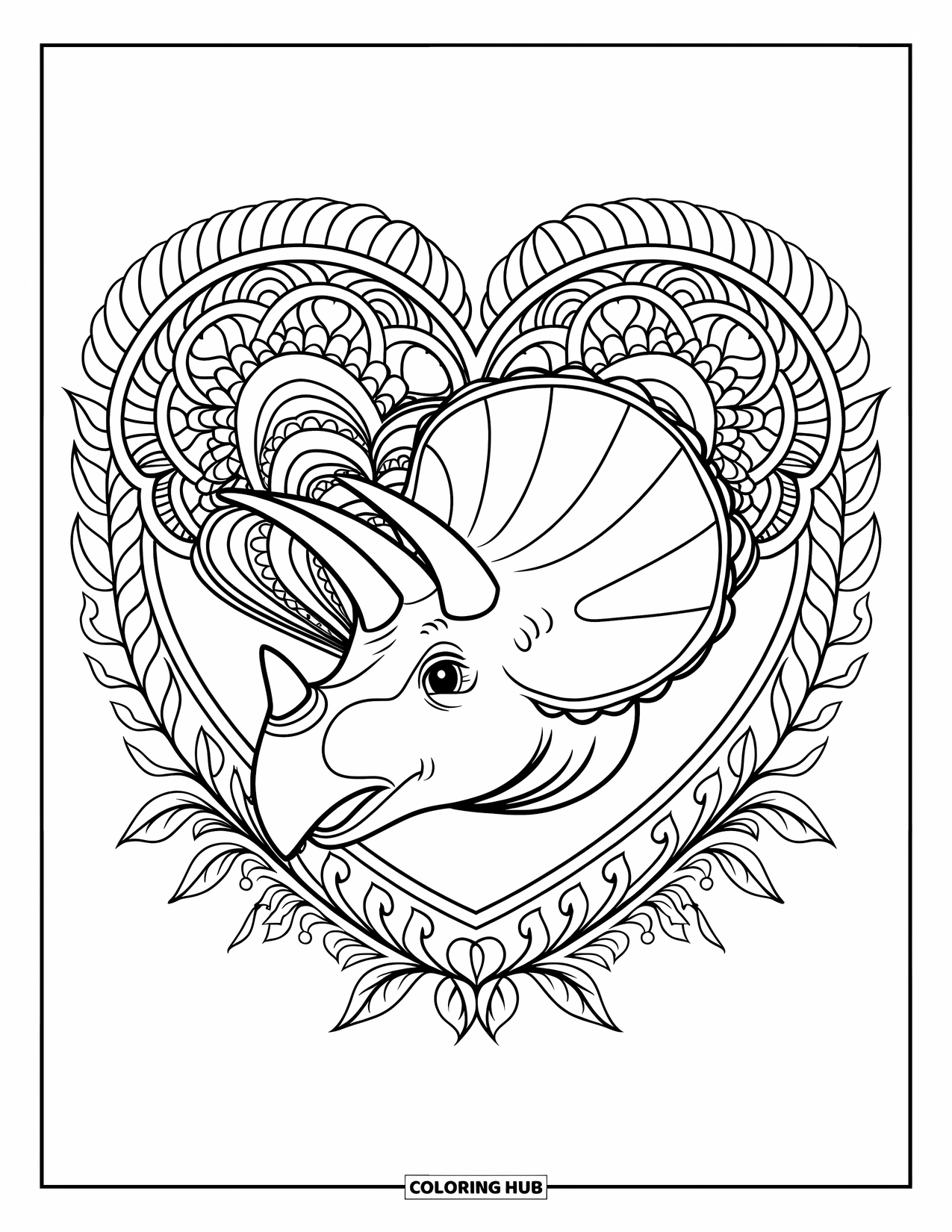 Dinosaur Valentines Coloring Page for Adults: A calm Triceratops surrounded by layered heart mandalas and flowers