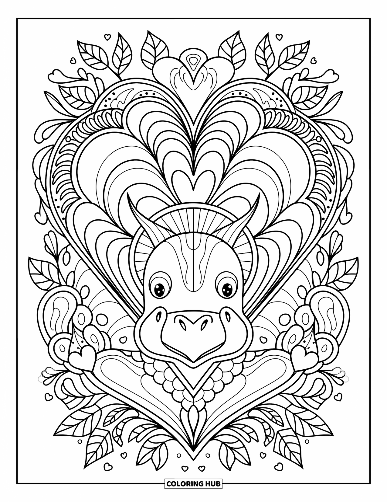 Dinosaur Valentines Coloring Page for Adults: A decorative border of leaves and hearts frames a gentle Triceratops