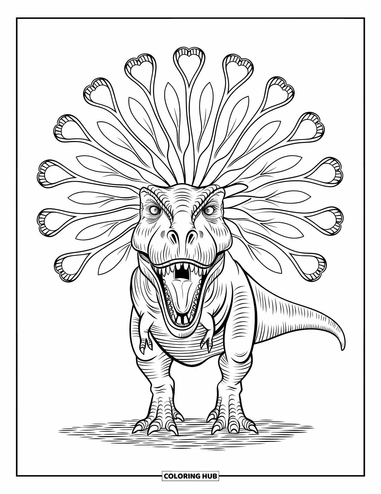 Dinosaur Valentines Coloring Page for Adults: A front-facing T-Rex framed by radiating vines shaped like hearts