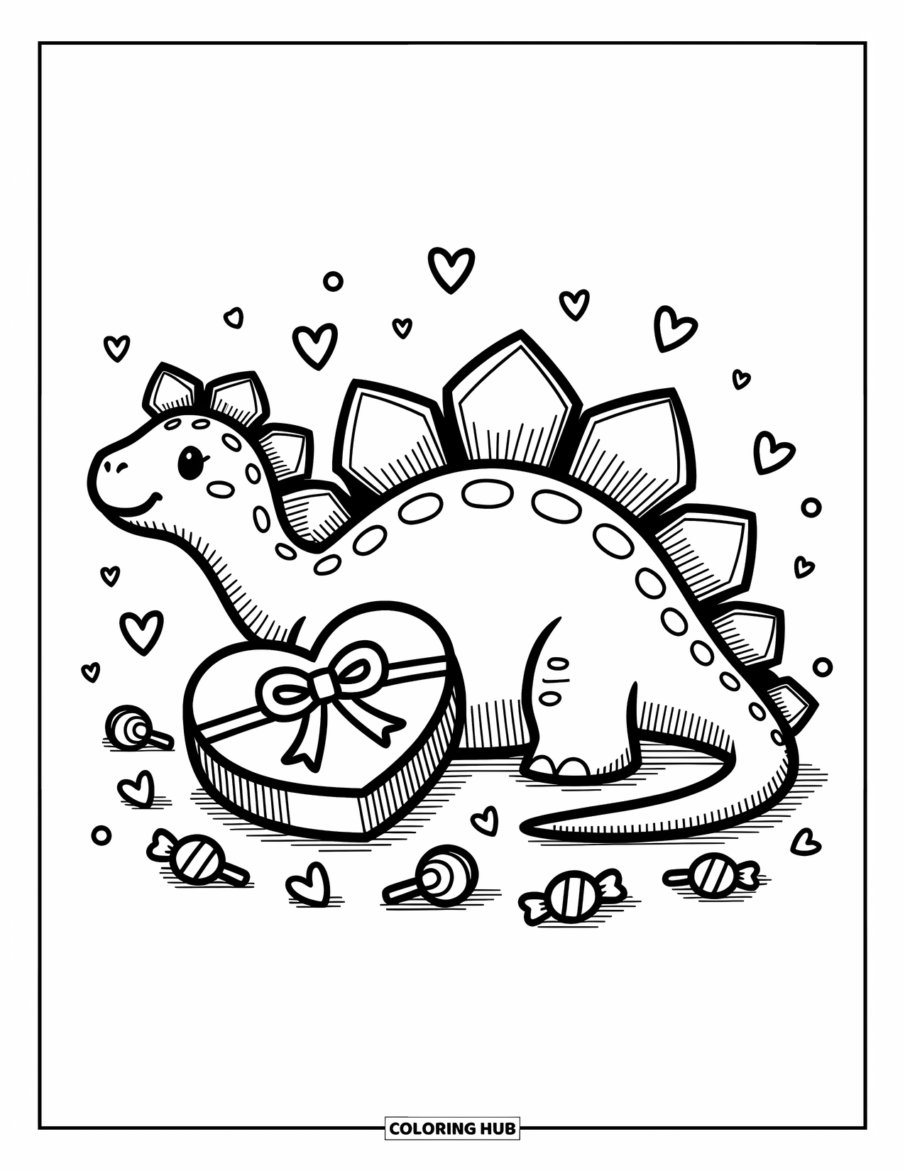 Dinosaur Valentines Coloring Page for Adults: A happy stegosaurus sits by heart candies and chocolates