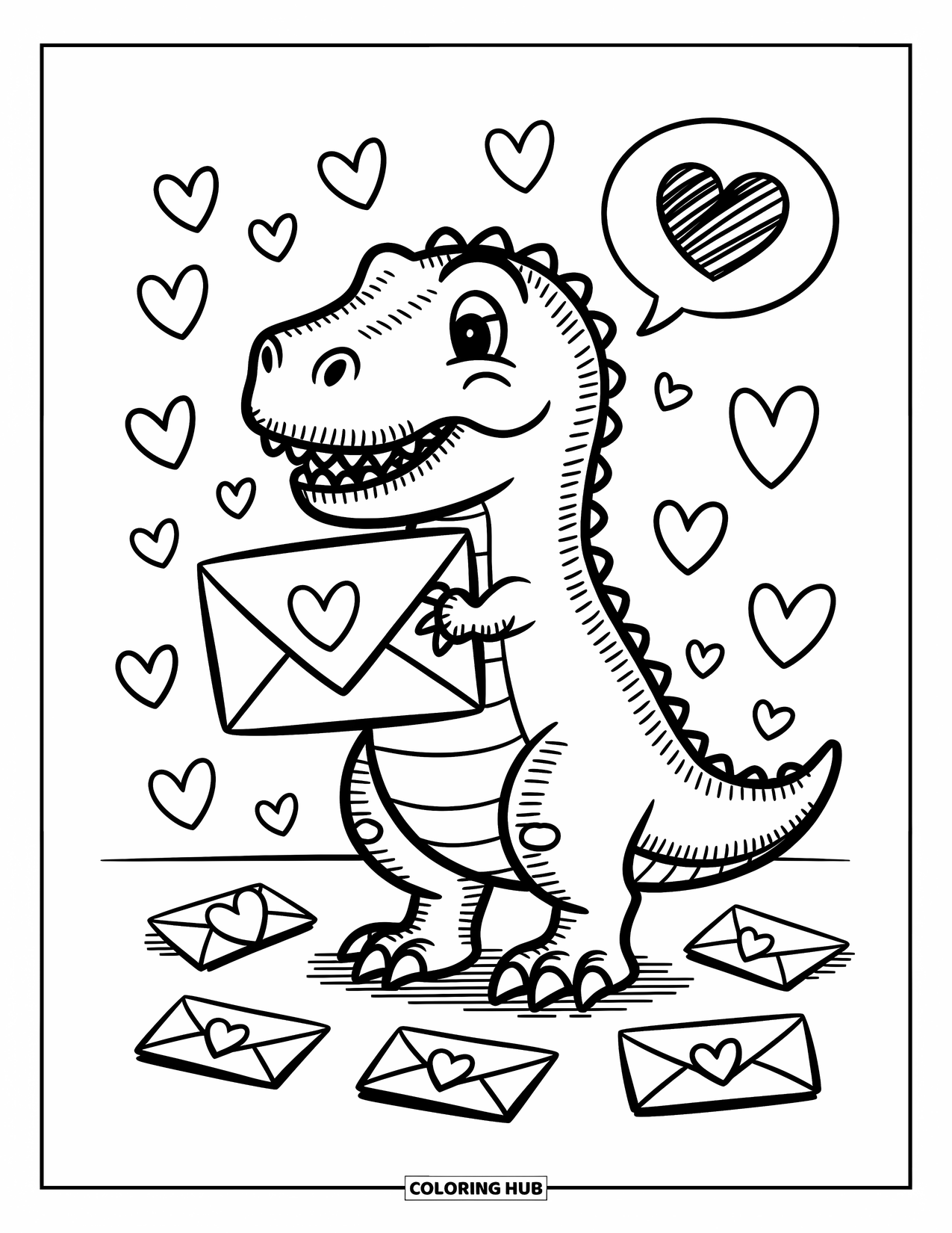 Dinosaur Valentines Coloring Page for Adults: A smiling T-Rex carries a big love letter with hearts swirling around