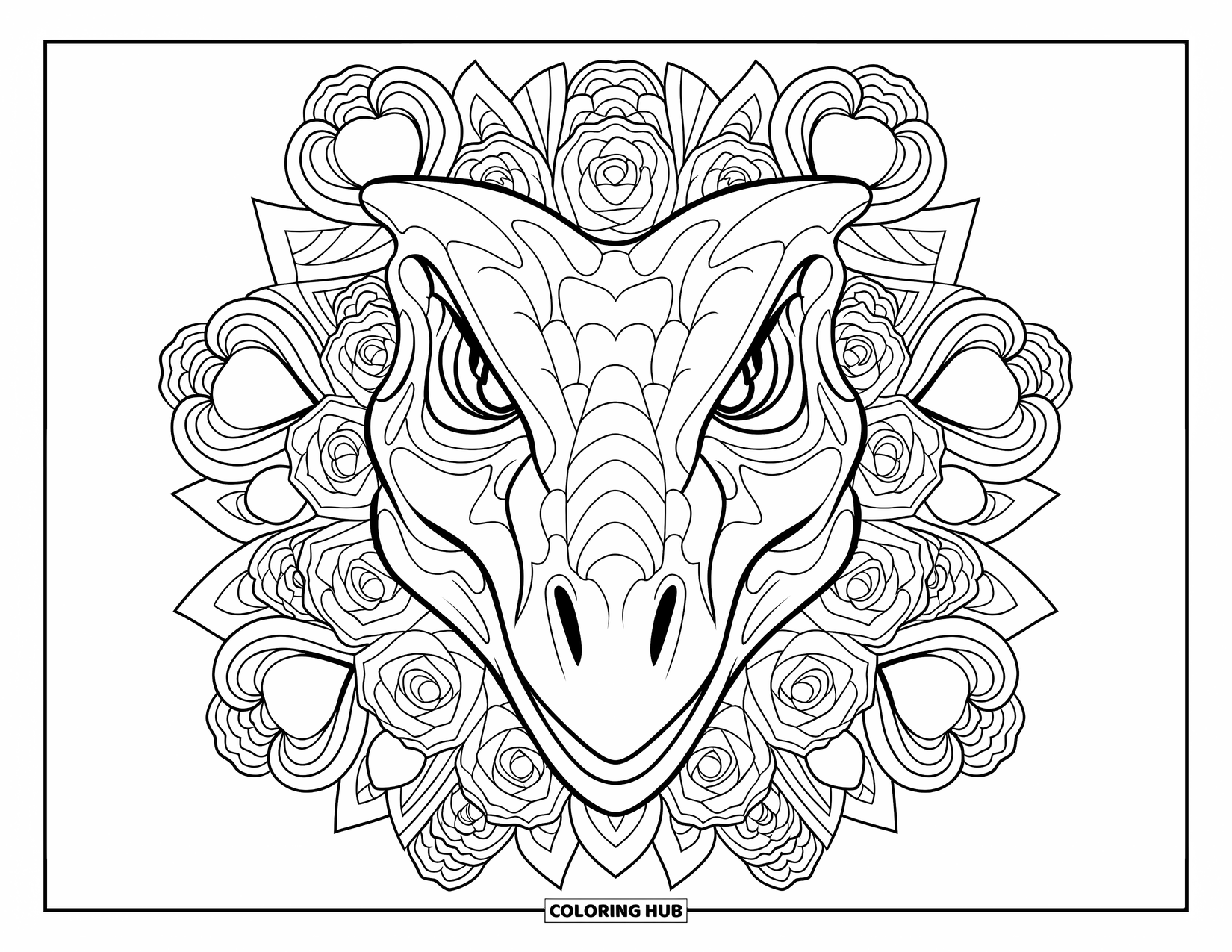 Dinosaur Valentines Coloring Page for Adults: A Stegosaurus face surrounded by roses and geometric hearts in symmetry