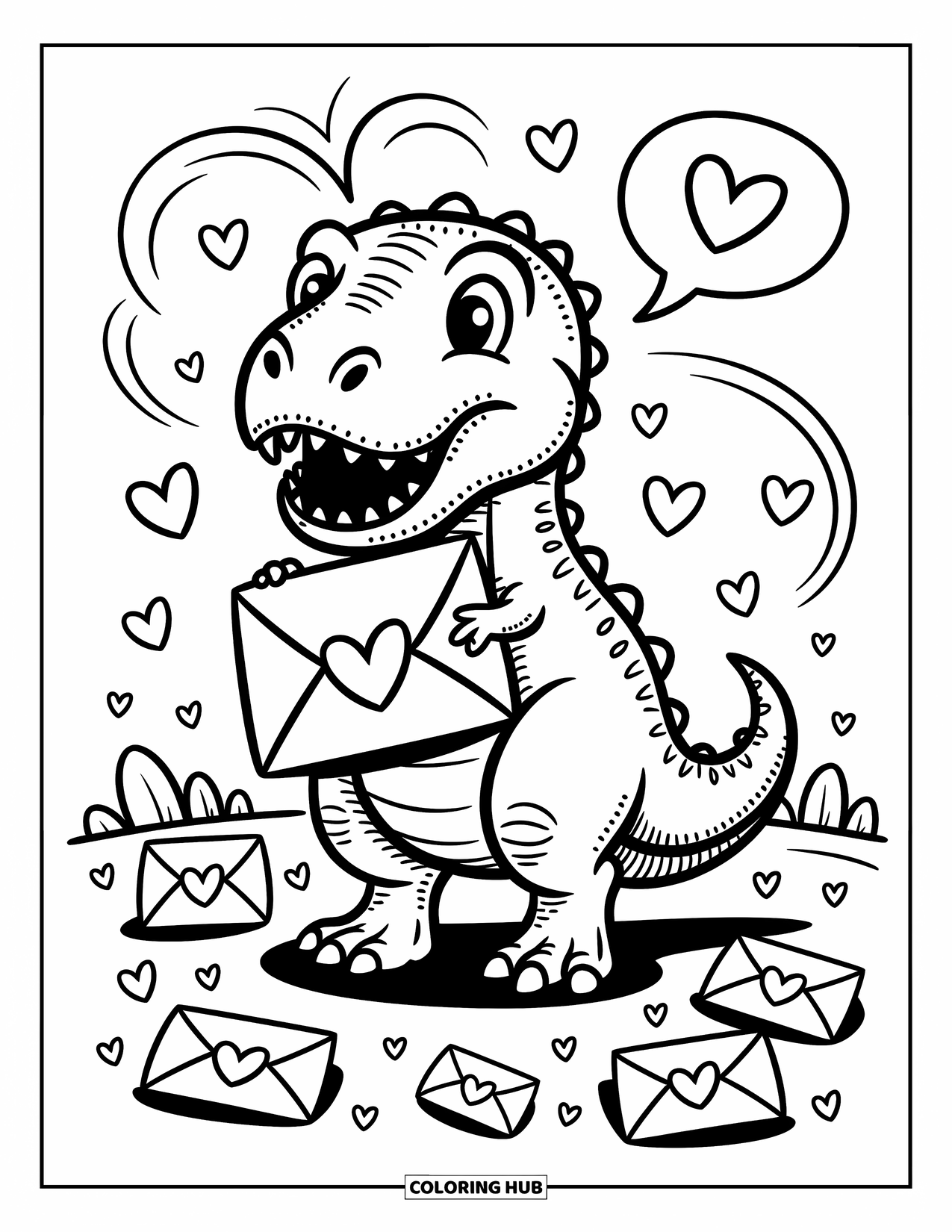 Dinosaur Valentines Coloring Page for Adults: A sweet T-Rex hugs a Valentine envelope as hearts float all around
