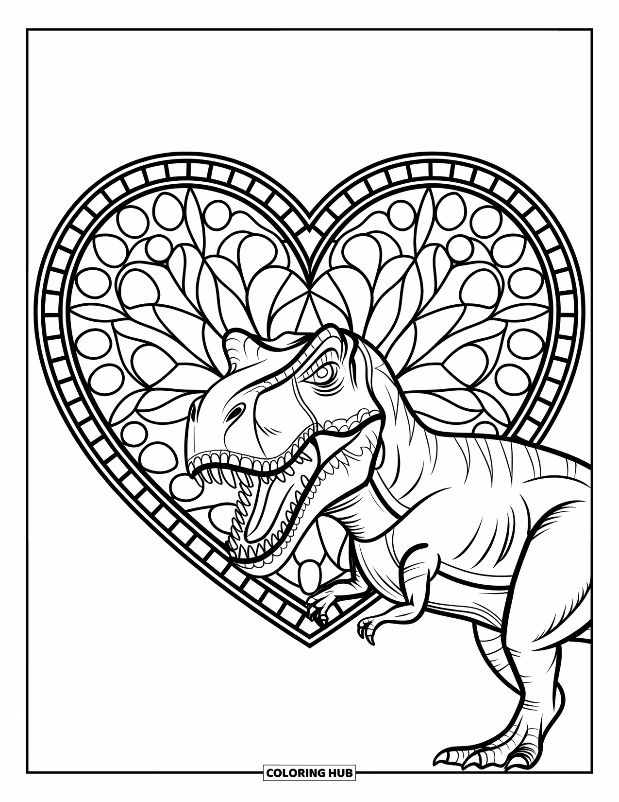 Dinosaur Valentines Coloring Page for Adults: A T-Rex framed by intricate stained glass hearts and florals