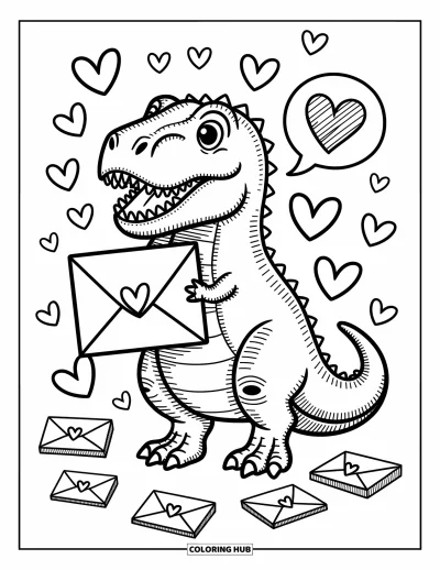 Kolorowanka walentynkowa z dinozaurem dla dorosłych: T-Rex trzyma ogromną walentynkową kopertę otoczony unoszącymi się sercami