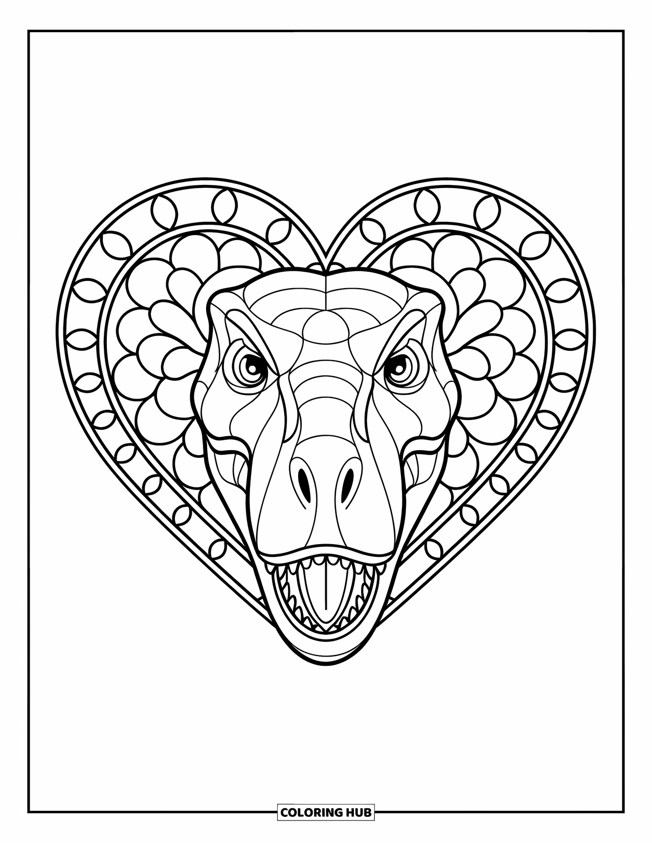 Dinosaur Valentines Coloring Page for Adults: A T-Rex surrounded by bold heart glasswork for Valentine coloring