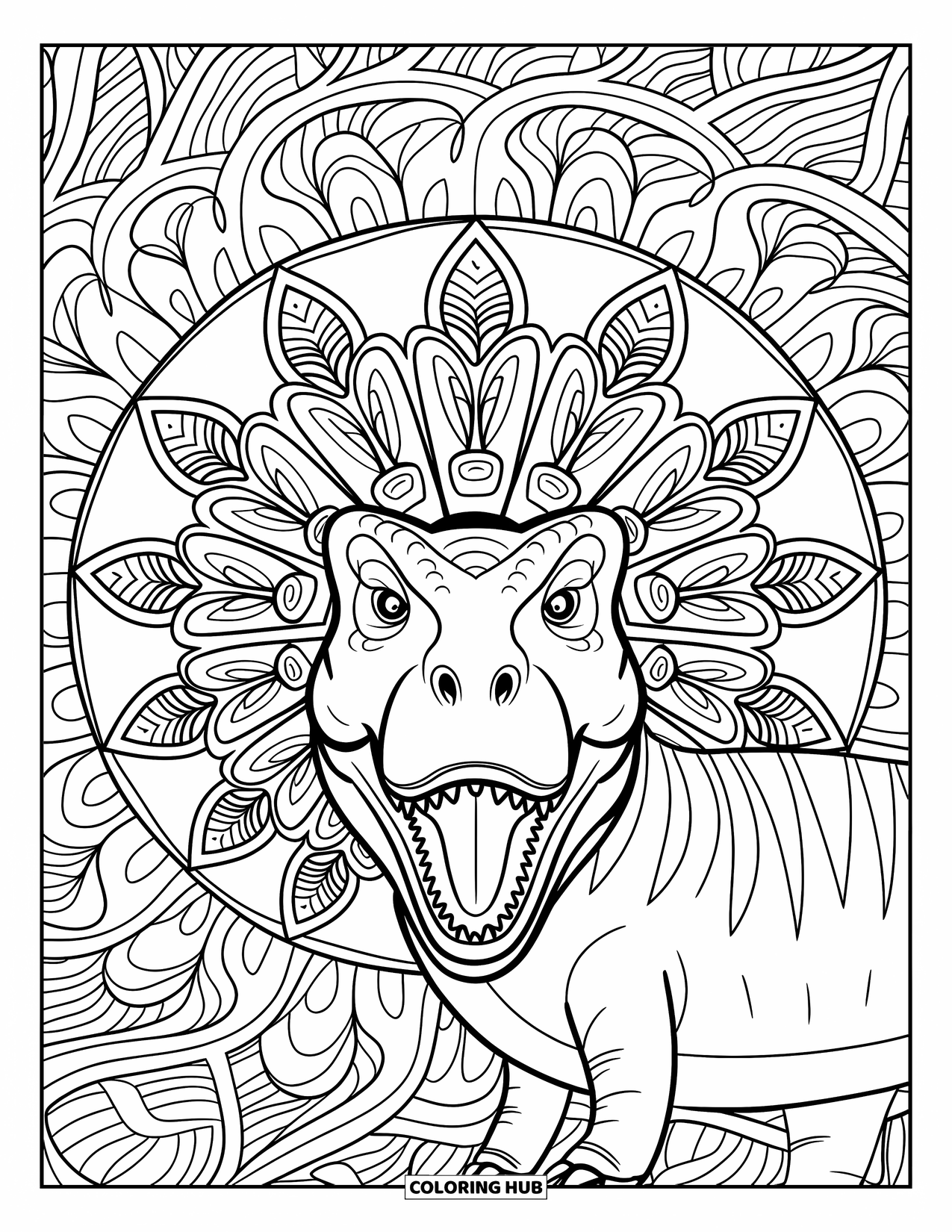Dinosaur Valentines Coloring Page for Adults: A T-Rex surrounded by detailed heart-shaped vines in mandala form