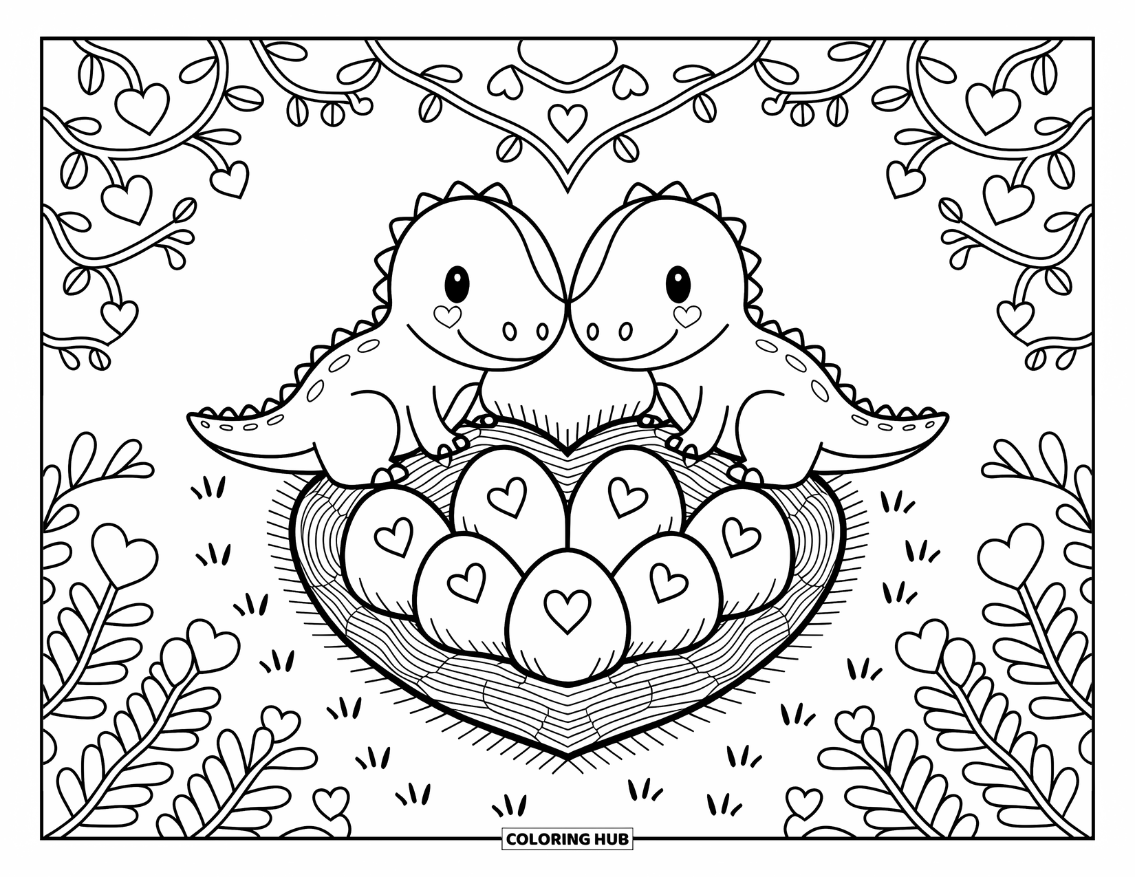 Dinosaur Valentines Coloring Page for Adults: A tender dino pair rests beside a heart-filled nest in the jungle