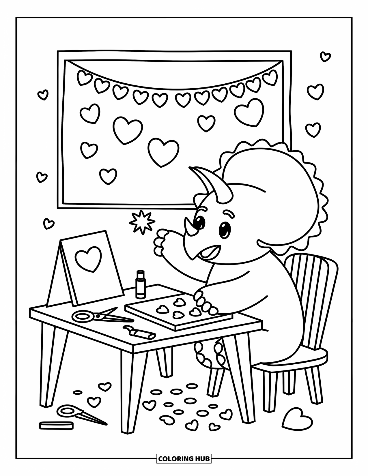 Dinosaur Valentines Coloring Page for Adults: A triceratops decorates a Valentine card in a cozy craft corner