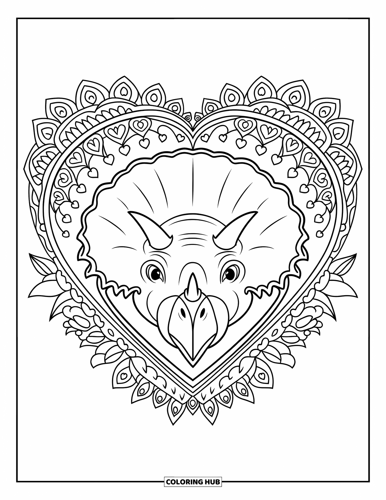 Dinosaur Valentines Coloring Page for Adults: A Triceratops face inside a floral border with Valentine heart layers