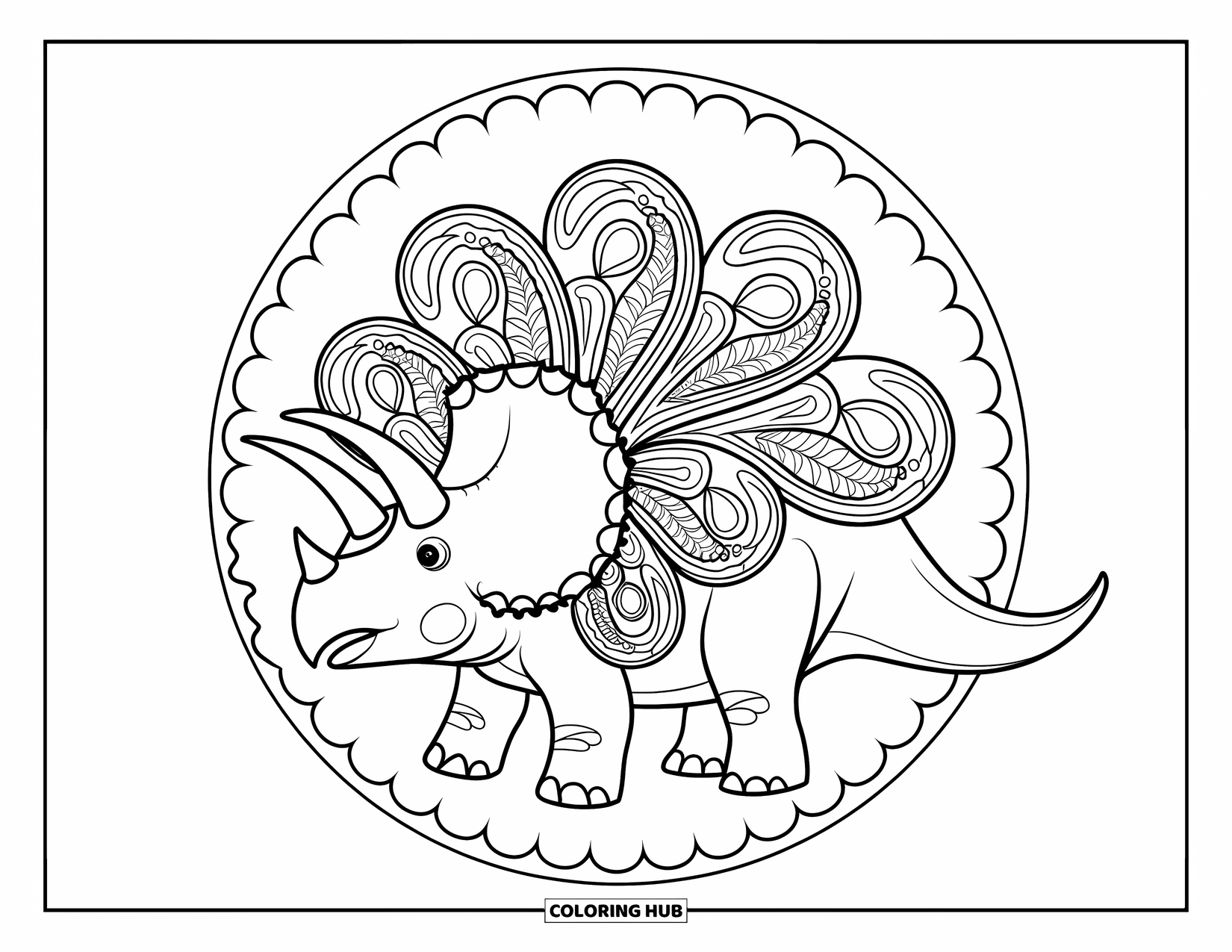 Dinosaur Valentines Coloring Page for Adults: A Triceratops framed by heart swirls and mandala patterns on white