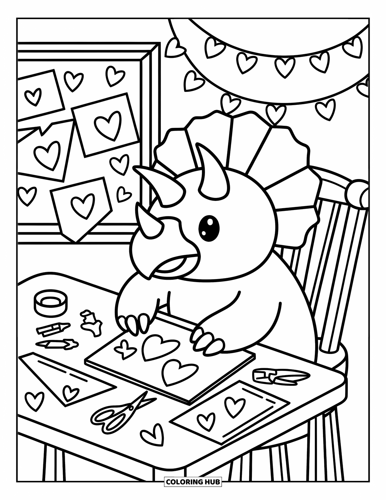 Dinosaur Valentines Coloring Page for Adults: A triceratops makes a Valentine card surrounded by hearts and crafts