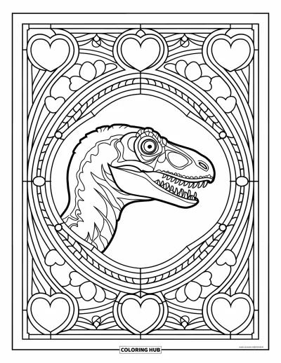 Kolorowanka walentynkowa z dinozaurem dla dorosłych: Welocyraptor w witrażowym wzorze serc