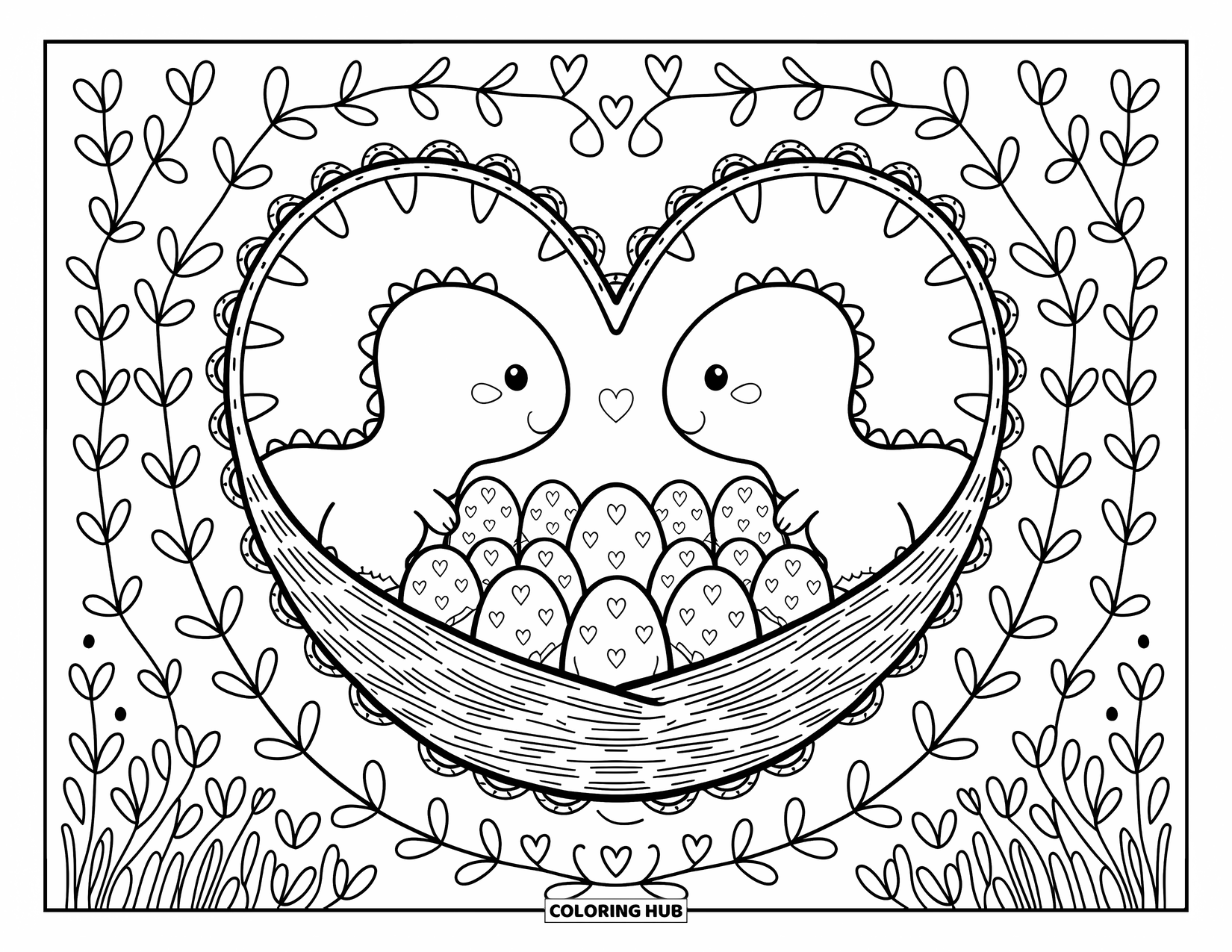 Dinosaur Valentines Coloring Page for Adults: Two parent dinosaurs guard a heart-shaped nest filled with eggs of love