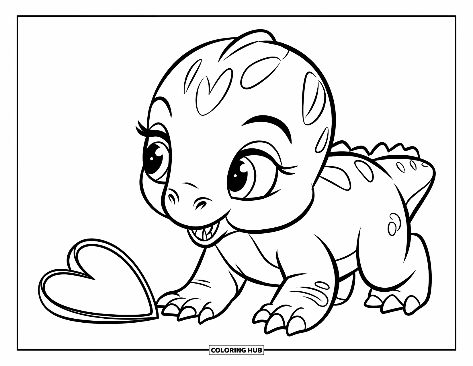 Dinosaur Valentines Coloring Page for Kids: A baby dinosaur crawls toward a heart-shaped toy with excitement