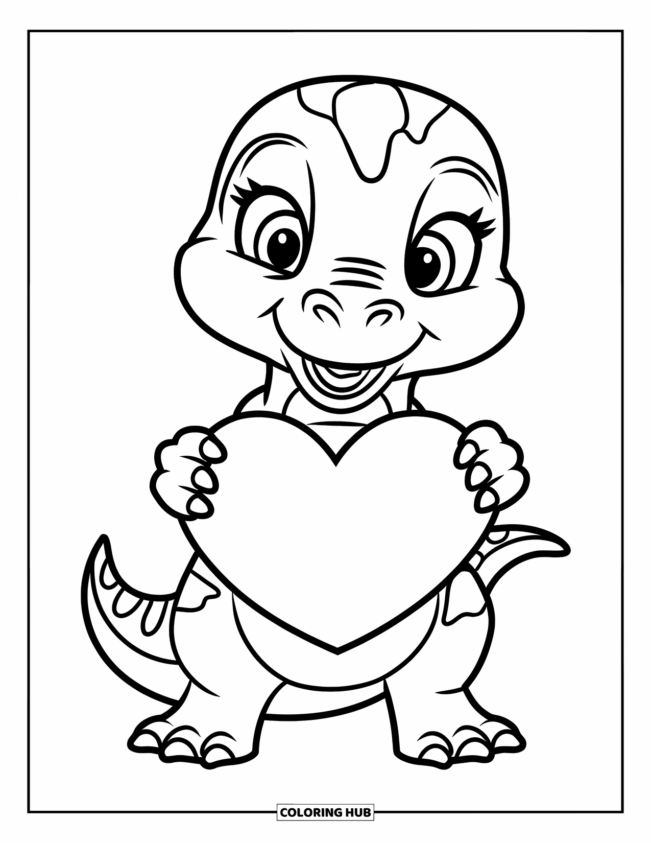 Dinosaur Valentines Coloring Page for Kids: A baby T-Rex holds a giant Valentine heart with a happy grin