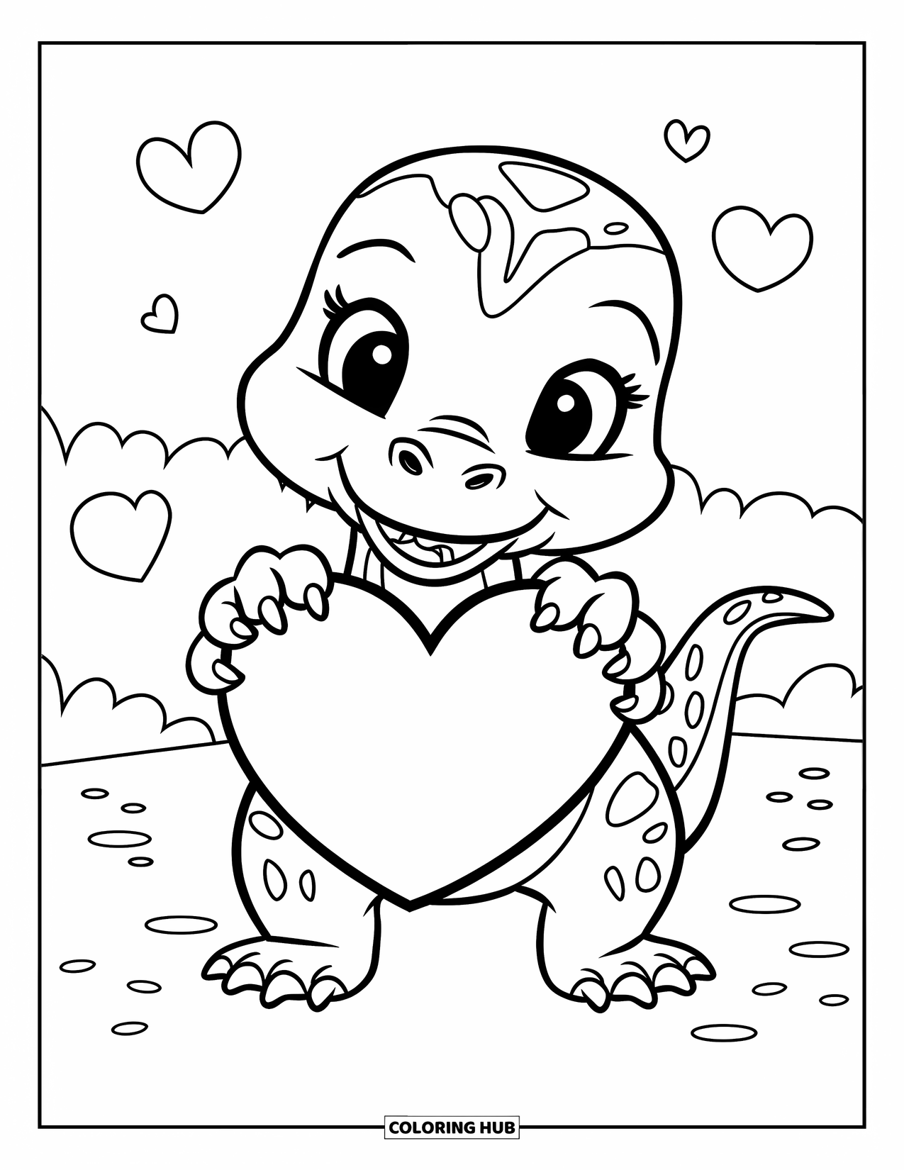 Dinosaur Valentines Coloring Page for Kids: A baby T-Rex holds a heart surrounded by tiny floating hearts