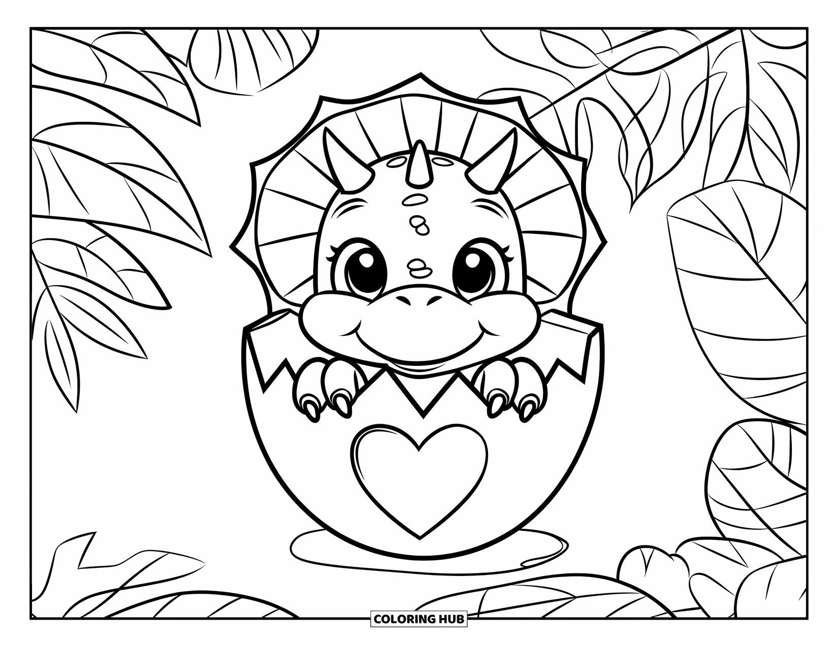 Dinosaur Valentines Coloring Page for Kids: A baby Triceratops hatches from an egg marked with red hearts
