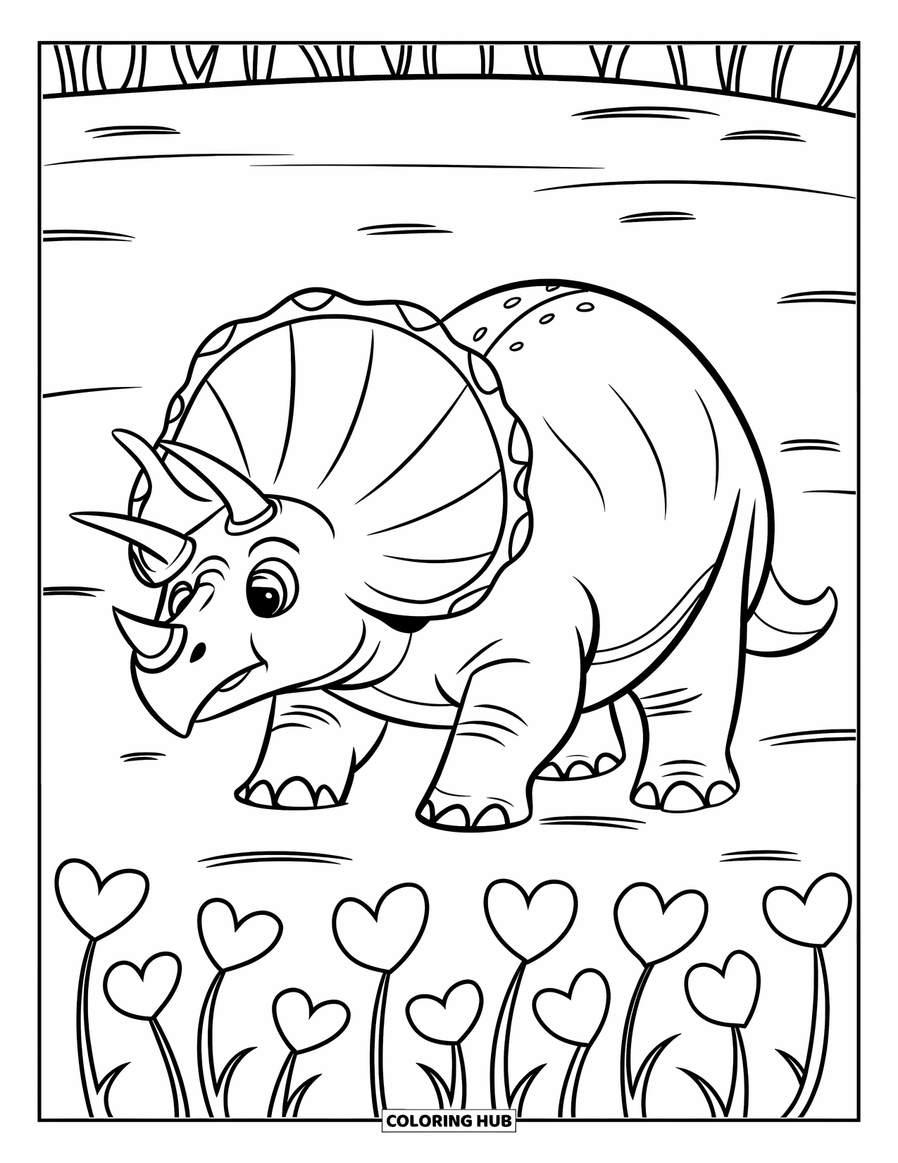 Dinosaur Valentines Coloring Page for Kids: A calm Triceratops strolls through a meadow of Valentine hearts